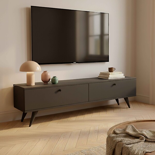 OVIALA - Meuble TV 160 cm mélaminé  gris - Jim - large