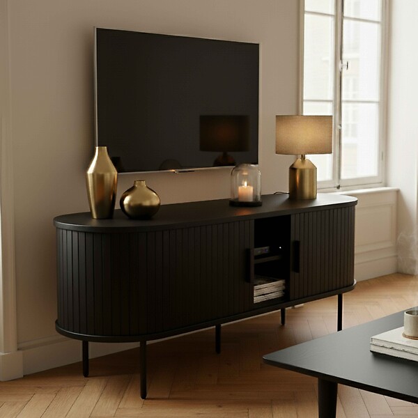 OVIALA - Meuble TV en mélaminé et acier 120 cm noir - Marius - large