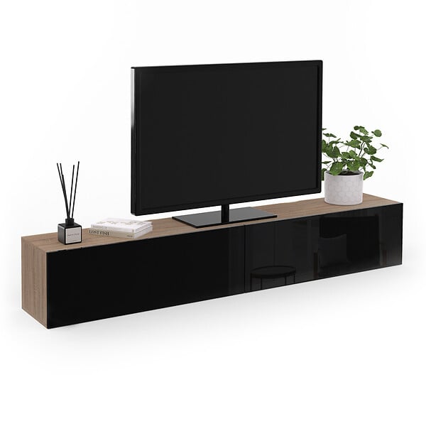 ID MARKET - Meuble TV 180 cm suspendu ELIO 2 portes bois et noir - large
