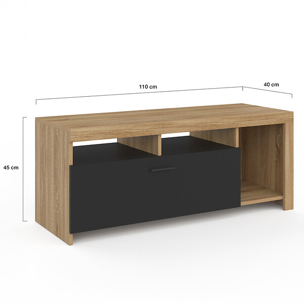 ID MARKET - Meuble TV 110 cm MALO bois et placard noir - large