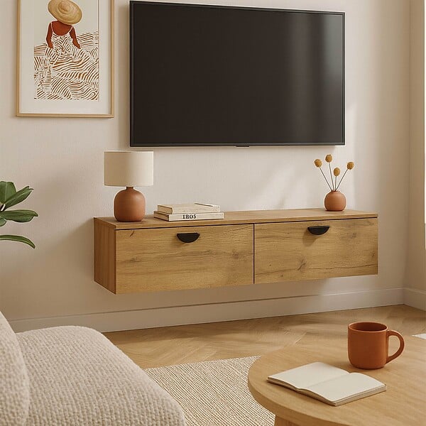 OVIALA - Meuble TV suspendu 120 cm industriel bois  - Jessy - large