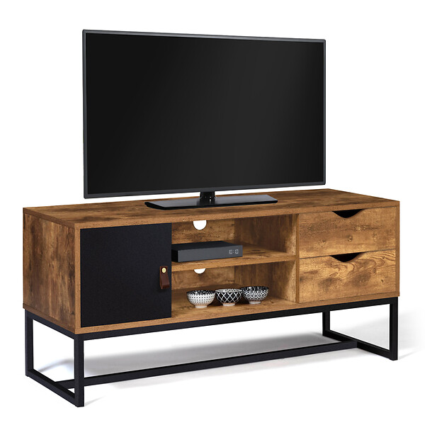 ID MARKET - Meuble TV 110 cm CHICAGO 2 tiroirs avec placard design industriel - large