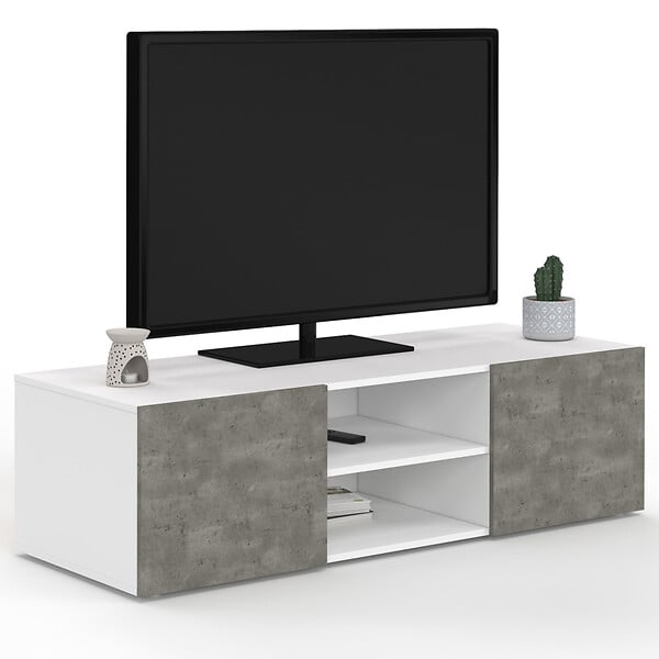 ID MARKET - Meuble TV 113 cm ELI blanc portes effet béton - large
