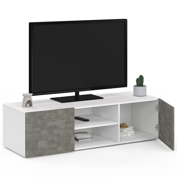 ID MARKET - Meuble TV 113 cm ELI blanc portes effet béton - large