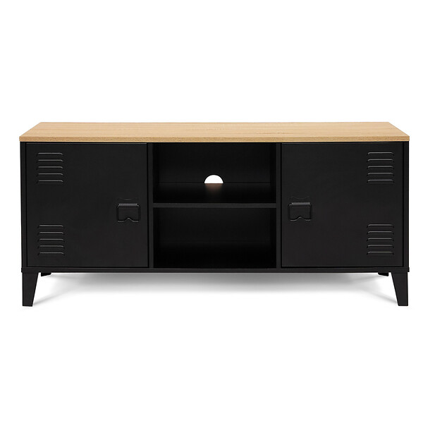 ID MARKET - Meuble TV 113 cm ESTER 2 portes métal noir et plateau bois design industriel - large