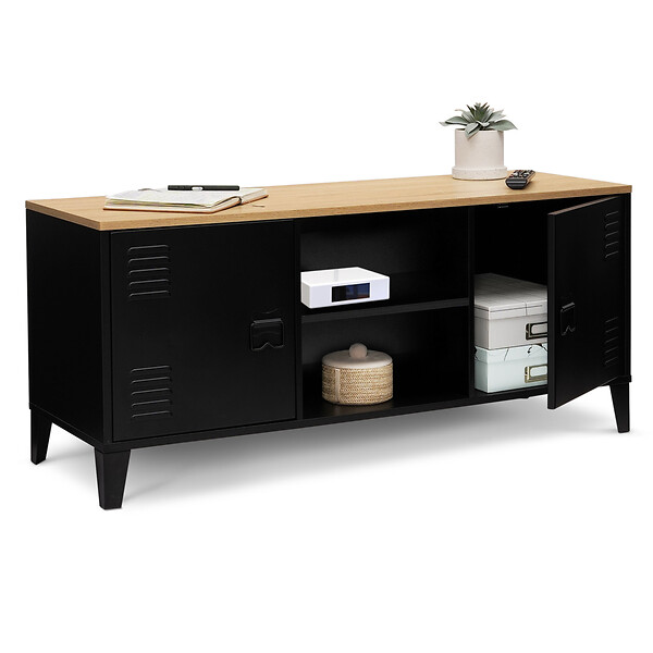 ID MARKET - Meuble TV 113 cm ESTER 2 portes métal noir et plateau bois design industriel - large