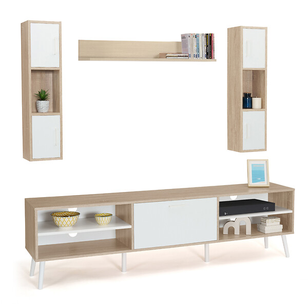 ID MARKET - Ensemble meuble TV 180 cm et étagères HOUSTON bois et blanc - large