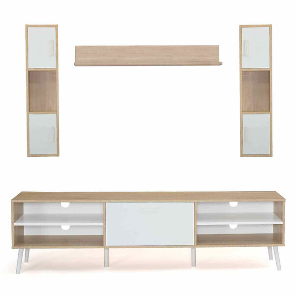 ID MARKET - Ensemble meuble TV 180 cm et étagères HOUSTON bois et blanc - large
