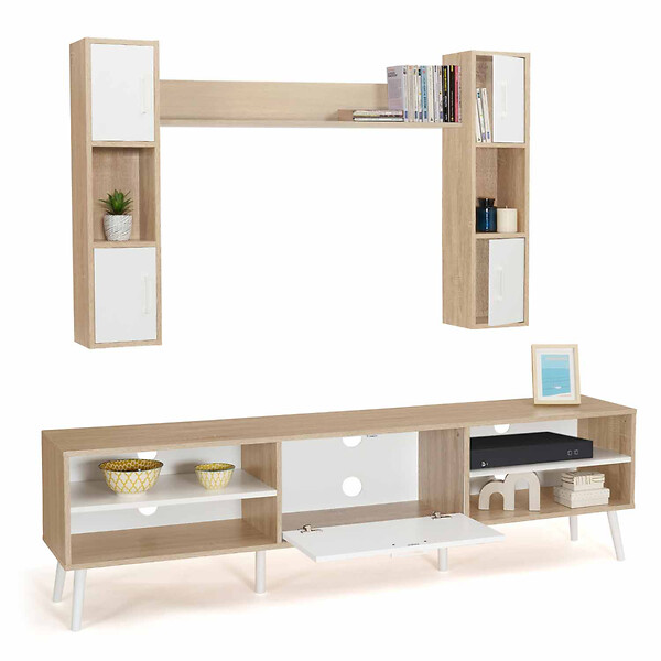 ID MARKET - Ensemble meuble TV 180 cm et étagères HOUSTON bois et blanc - large