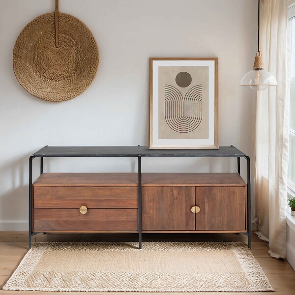 OVIALA - Meuble TV en marbre avec rangement en acacia massif 152 cm - Mona - large
