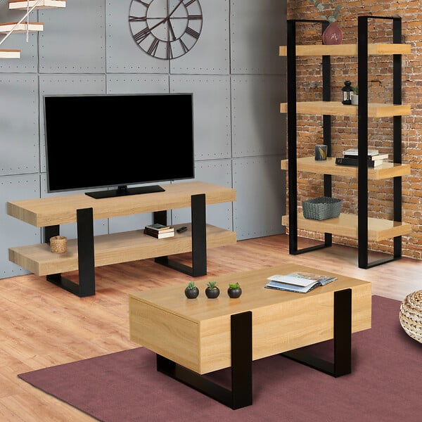 ID MARKET - Meuble TV 114 cm double plateau PHOENIX bois et noir - large
