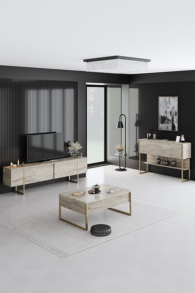 HABITAT ET JARDIN - Meuble TV en bois "Luxe" - 180 x 30 x 50 cm - TravertinOr - large