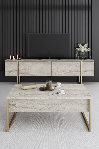 HABITAT ET JARDIN - Meuble TV en bois "Luxe" - 180 x 30 x 50 cm - TravertinOr - large
