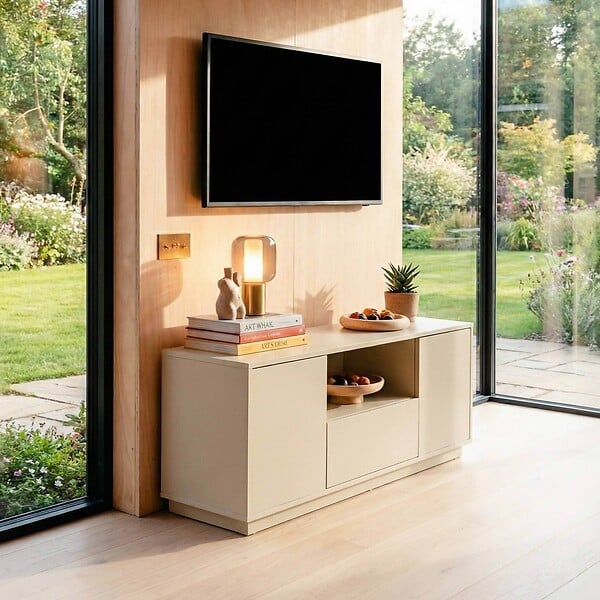 OVIALA - Meuble TV moderne rectangulaire L140 cm écru - Ruben - large