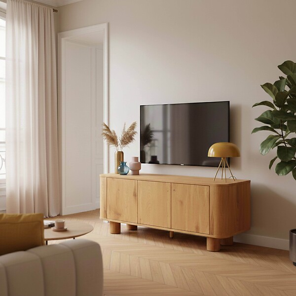 OVIALA - Meuble TV scandinave 3 portes L120 cm bois clair - Dario - large