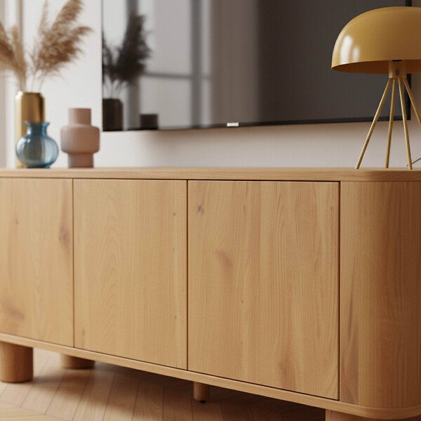 OVIALA - Meuble TV scandinave 3 portes L120 cm bois clair - Dario - large