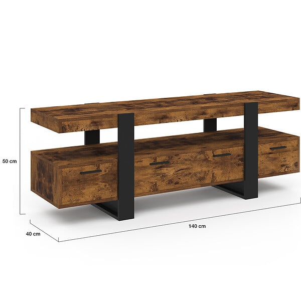 ID MARKET - Meuble TV 140 cm PHOENIX avec tiroirs bois effet vieilli et noir - large