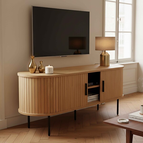 OVIALA - Meuble TV en mélaminé et acier 120 cm beige - Marius - large