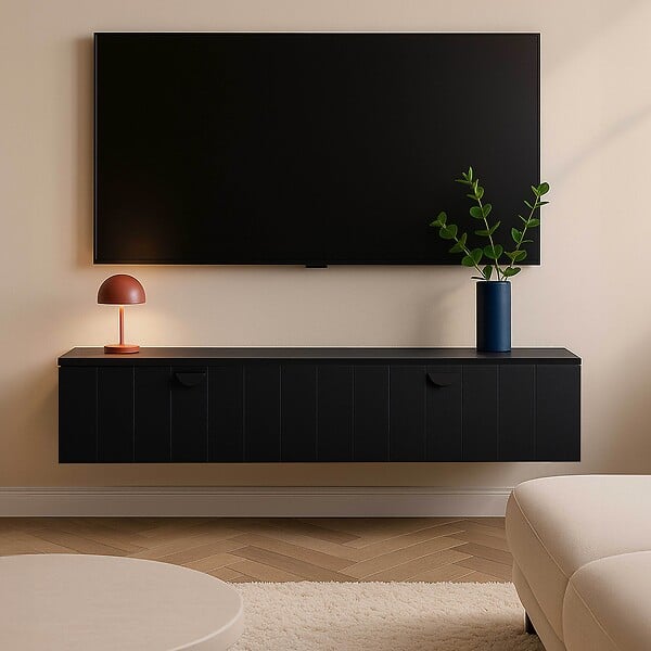 OVIALA - Meuble TV suspendu 160 cm moderne noir - Holly - large