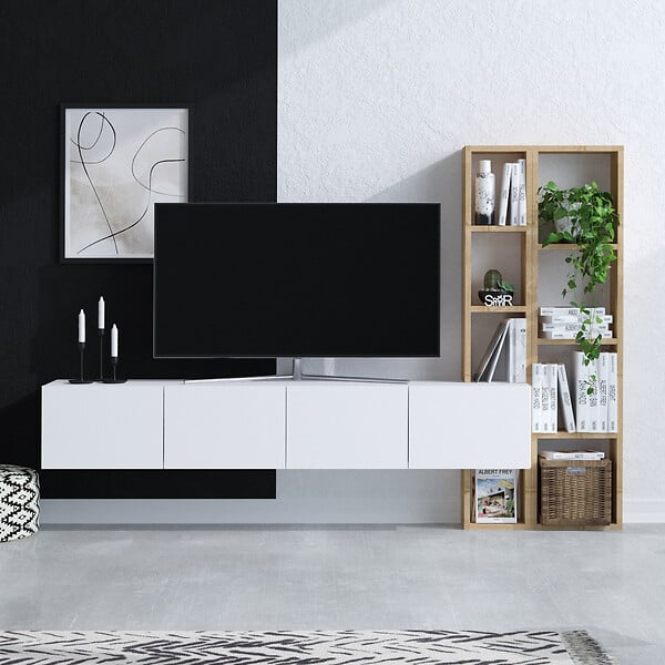 HABITAT ET JARDIN - Meuble TV en bois "Pana" - 182 x 32 x 25 cm - Blanc, Chêne - large
