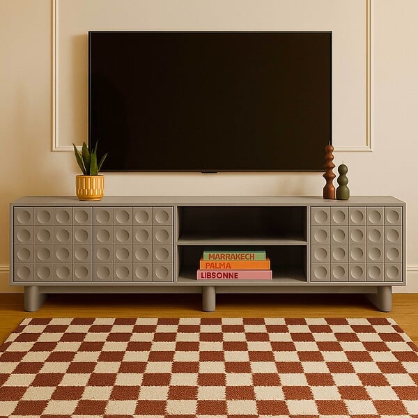 OVIALA - Meuble TV rectangulaire 3 portes L200 cm beige - Octave - large