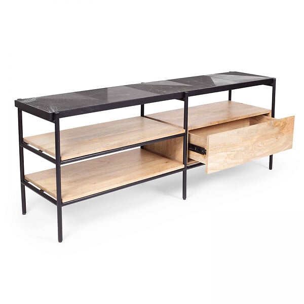 OVIALA - Meuble TV en marbre et manguier massif 150 cm noir - Paheli - large