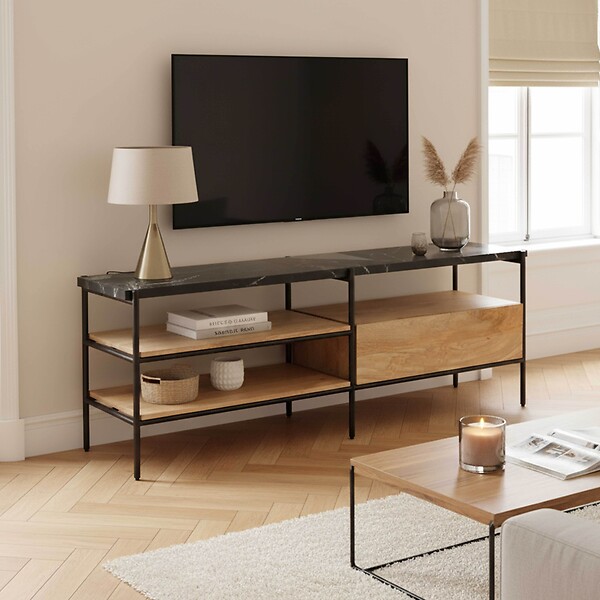 OVIALA - Meuble TV en marbre et manguier massif 150 cm noir - Paheli - large