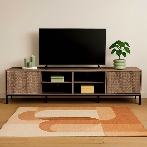 OVIALA - Meuble TV rectangulaire 2 portes L200 cm bois foncé - Ketry - large