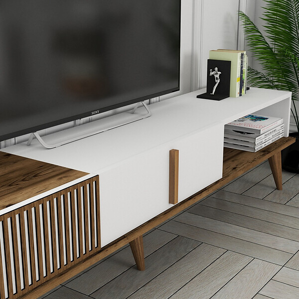 HABITAT ET JARDIN - Meuble TV en bois "Milan" - 180 x 35 x 40 cm - Noyer, Blanc - large