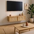 OVIALA - Meuble TV suspendu 108 cm bohème bois clair - Jenny - vignette