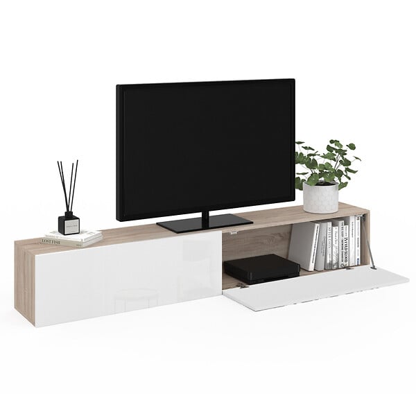 ID MARKET - Meuble TV 180 cm suspendu ELIO 2 portes bois et blanc - large