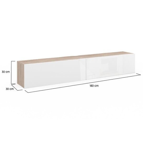 ID MARKET - Meuble TV 180 cm suspendu ELIO 2 portes bois et blanc - large