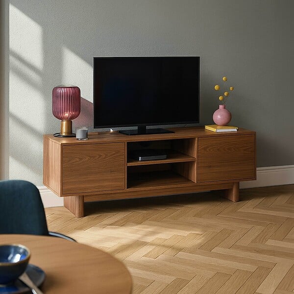 OVIALA - Meuble TV 160 cm scandinave bois foncé - Bowy - large