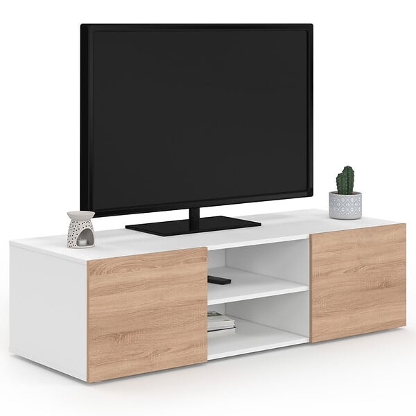 ID MARKET - Meuble TV 113 cm ELI blanc portes façon hêtre - large