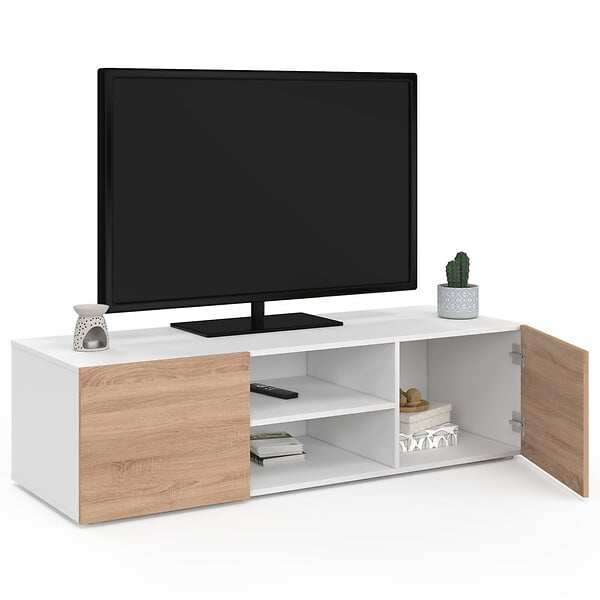 ID MARKET - Meuble TV 113 cm ELI blanc portes façon hêtre - large