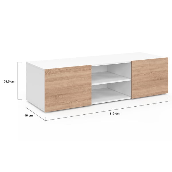 ID MARKET - Meuble TV 113 cm ELI blanc portes façon hêtre - large
