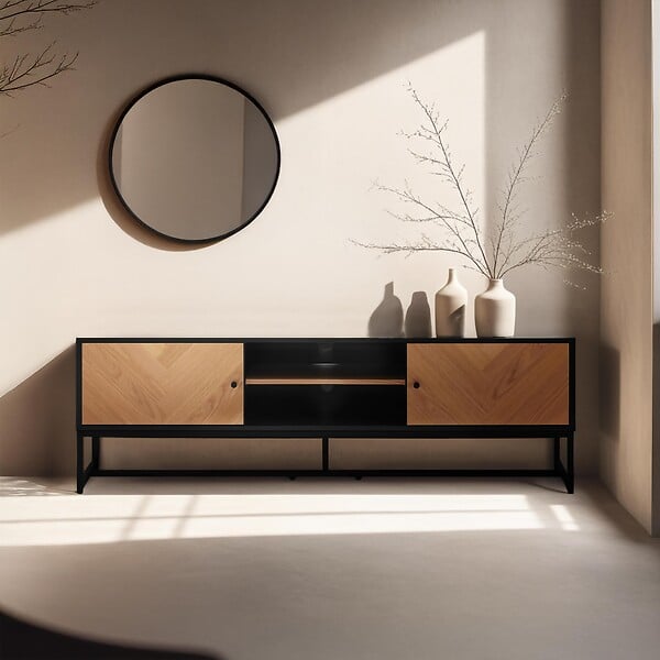 OVIALA - Meuble TV en panneaux de particules plaqué chêne mélaminé 160 cm - Marceau - large