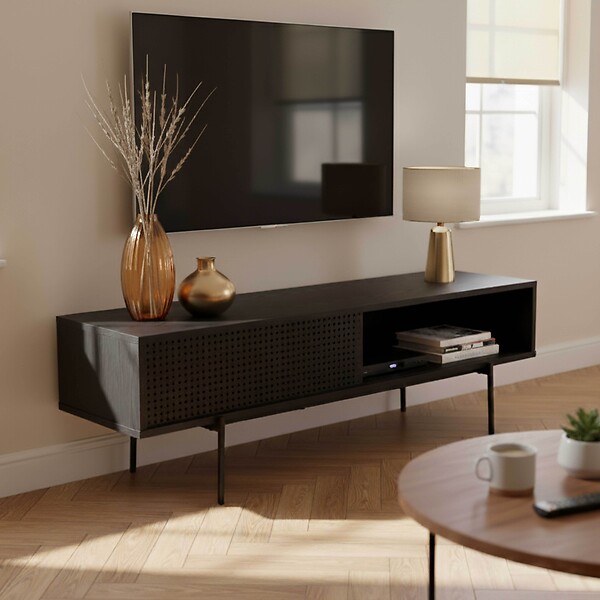 OVIALA - Meuble TV 140 cm style indus bois noir  - Logan - large