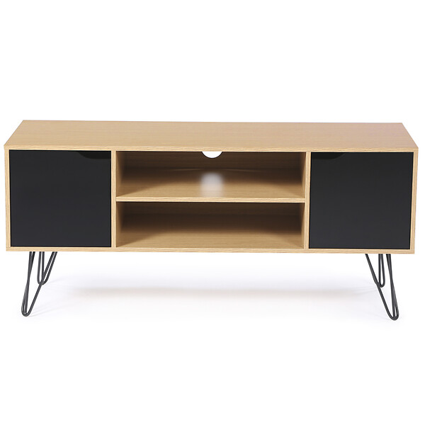 ID MARKET - Meuble TV 113 cm vintage NOEMI pied épingle bois portes noires - large