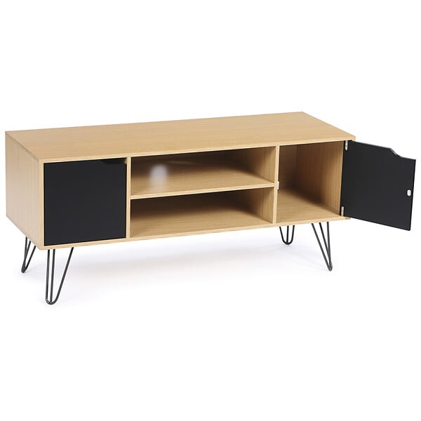 ID MARKET - Meuble TV 113 cm vintage NOEMI pied épingle bois portes noires - large