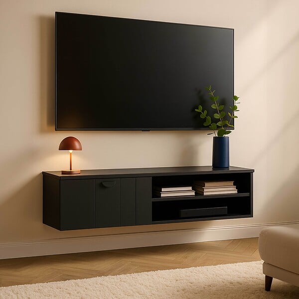 OVIALA - Meuble TV suspendu 120 cm moderne noir - Holly - large