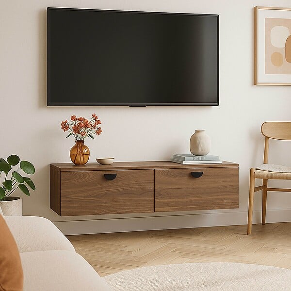 OVIALA - Meuble TV suspendu 120 cm industriel bois foncé - Jessy - large