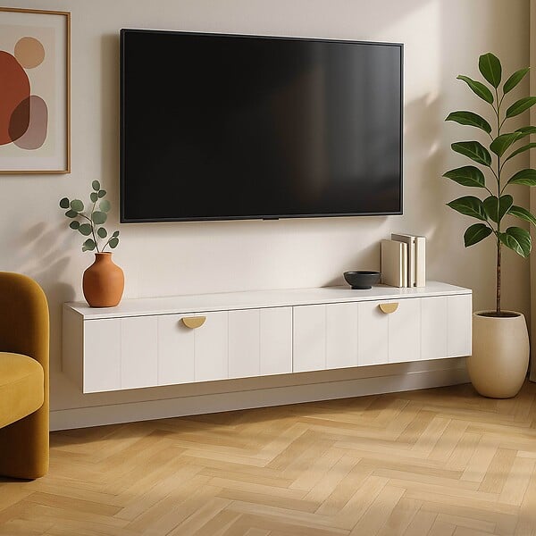OVIALA - Meuble TV suspendu 160 cm moderne blanc - Holly - large