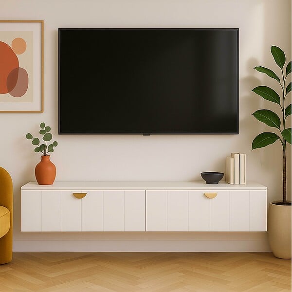 OVIALA - Meuble TV suspendu 160 cm moderne blanc - Holly - large