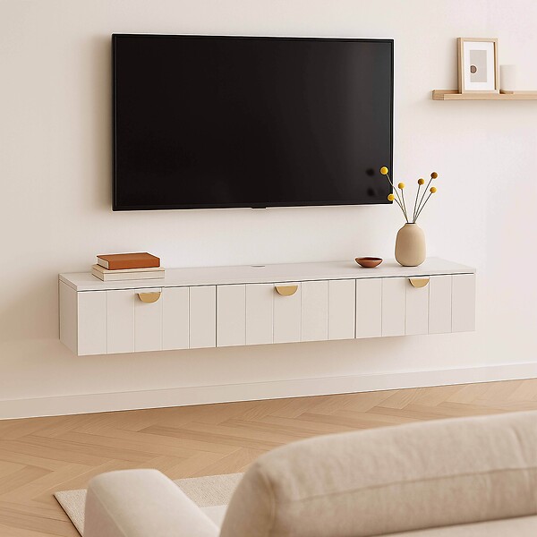 OVIALA - Meuble TV suspendu 200 cm moderne blanc - Holly - large