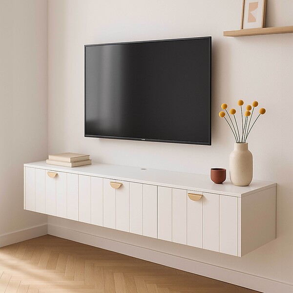 OVIALA - Meuble TV suspendu 200 cm moderne blanc - Holly - large