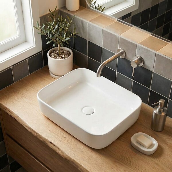 SWISS AQUA TECHNOLOGIES - Vasque à poser Infinitio 50 x 39 x 13 cm, sans trop-plein, Blanc brillant (SATINF5039) - large