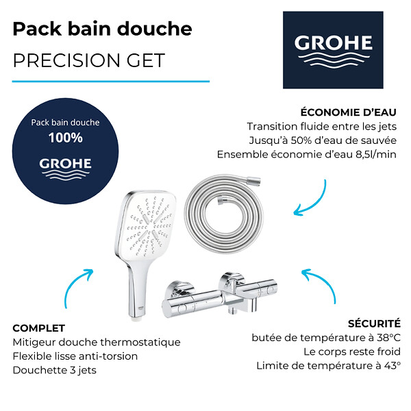 GROHE - Pack bain douche thermostatique Precision Get avec douchette stick 1 jet + Flexible 200 cm - large
