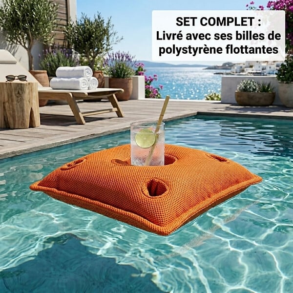 SOO  SANTAI - Coussin piscine flottant porte-verres 75x75 cm orange – billes incluses (à remplir) – intérieur / extérieur (PPF7575-6-SET) - large