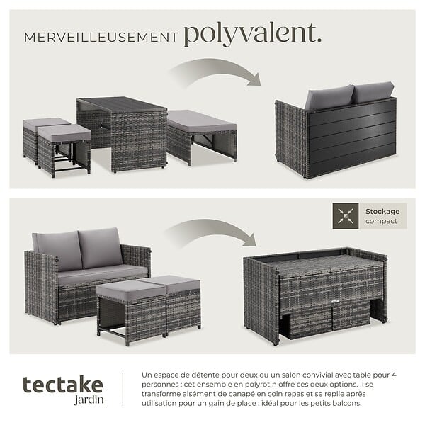 TECTAKE - Salon de jardin en rotin 2 en 1 gris ensemble modulable 4 personnes canapé table extérieur terrasse balcon coussins imperméables - large